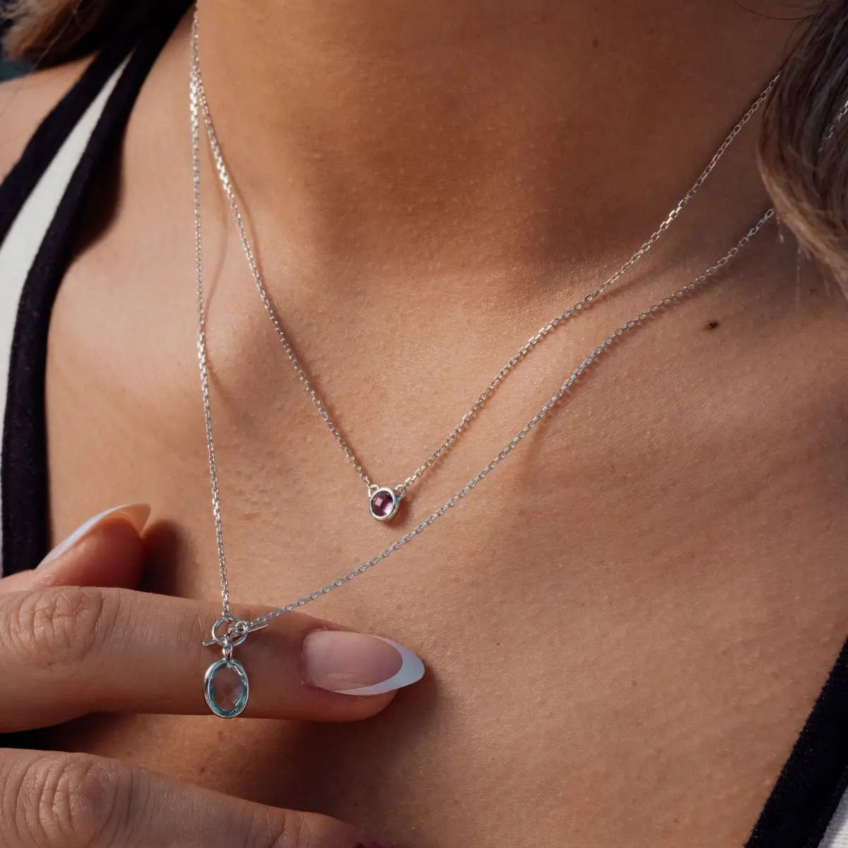 Skylark Blue Topaz Necklace in 18K Gold Vermeil or Silver Silver 1 - on model- Australian Jewellery Brand Bowerbird Jewels
