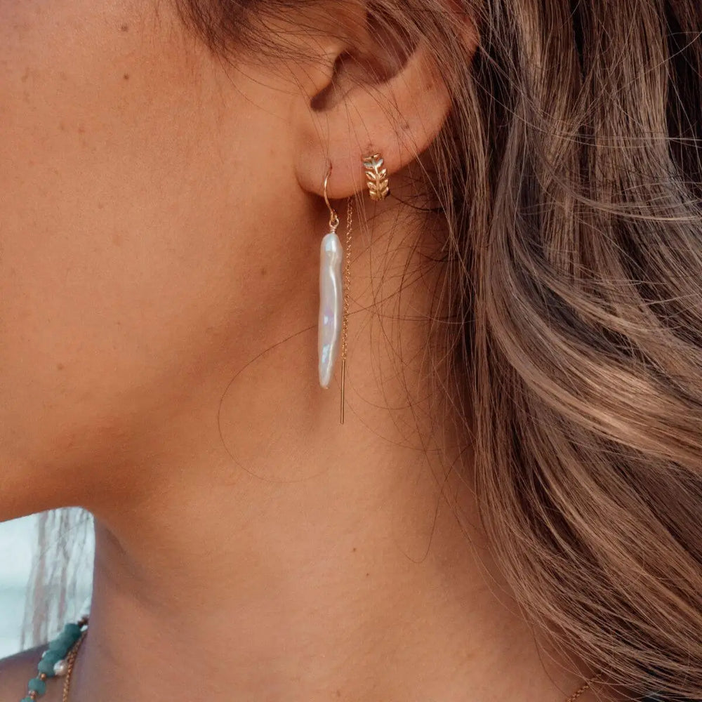 Sola Gold Filled Threader Earrings with Biwa Pearl Drop Gold 2 on model- Australian Jewellery Brand Bowerbird Jewels