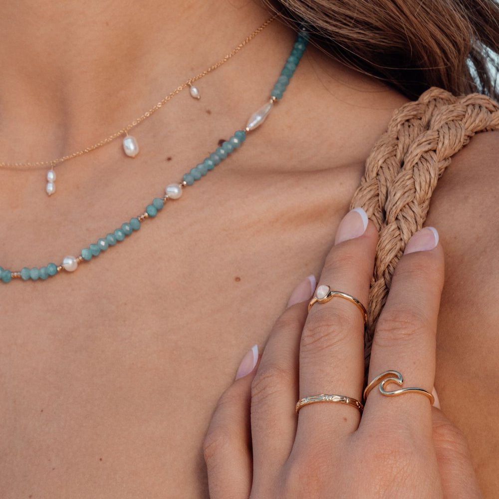 Gold-Solasta Solitaire Opalite Ring in 18K Gold Vermeil on model-Australian Jewellery Brand Bowerbird Jewels