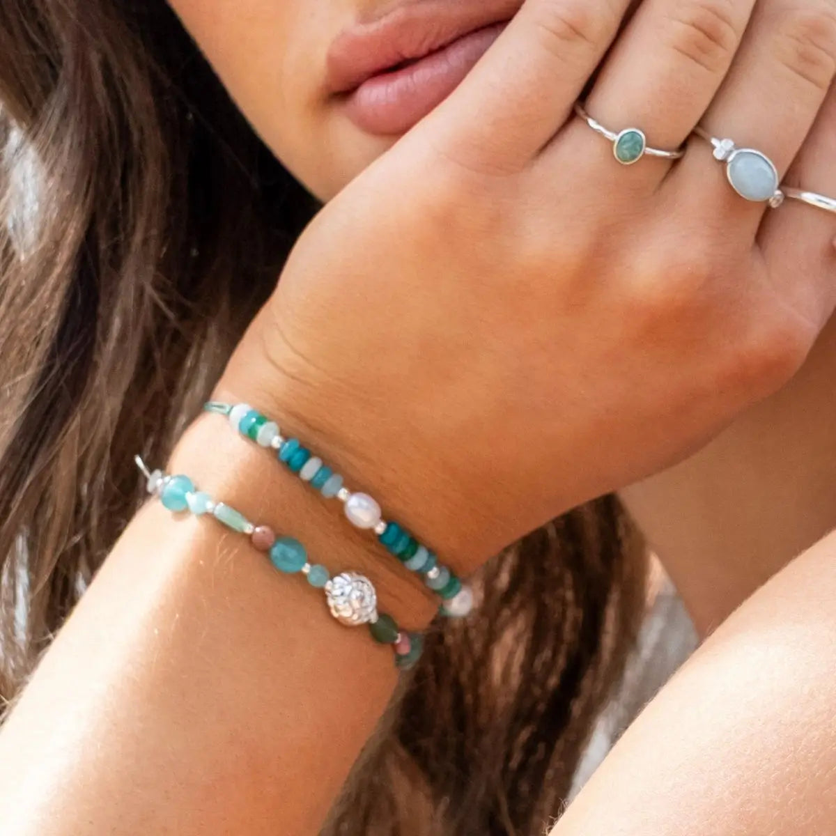 Sorbet Gemstone and Pearl Stacking Bracelet - Positano 1 on model- Australian Jewellery Brand Bowerbird Jewels