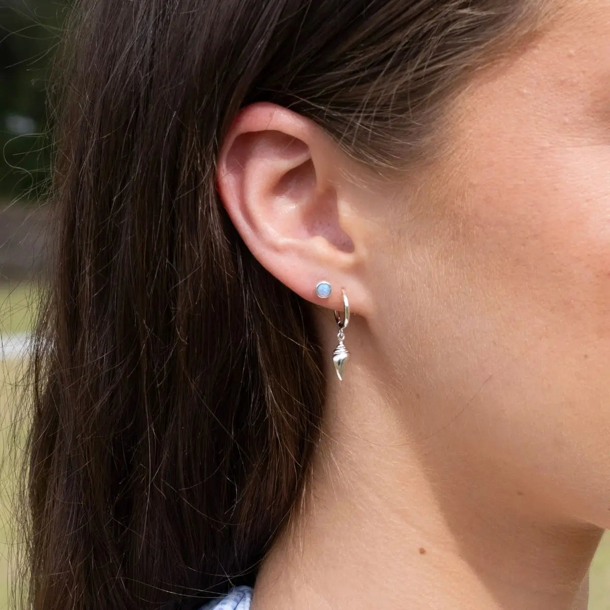Sterling Silver Huggie Earrings with Conch Shell Charm Silver 2 on model- Australian Jewellery Brand Bowerbird Jewels