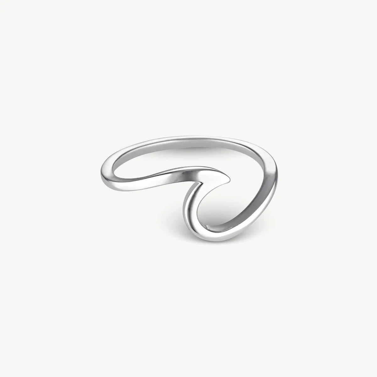 A polished silver open ring band with a smooth, flowing, wavy design, shown on a clean off-white background.