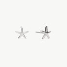 A pair of silver starfish stud earrings on a clean, light off-white background.
