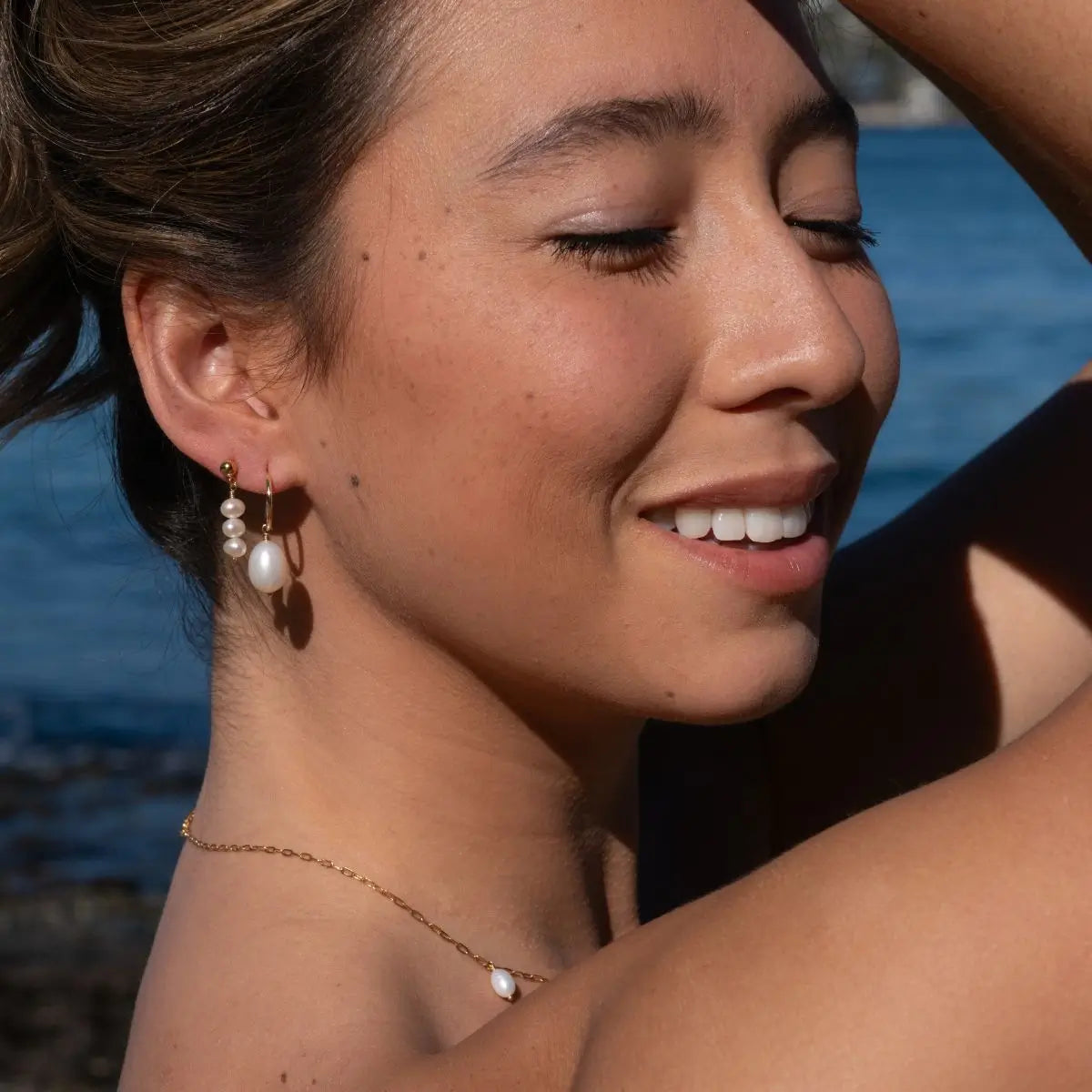 Triple Pearl Drop Stud Earrings Gold 2 - on model- Australian Jewellery Brand Bowerbird Jewels