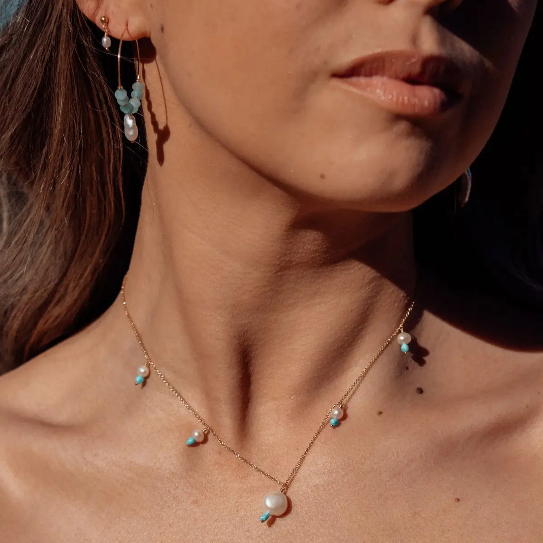 Turquesa Gold Filled Necklace with Pearl and Turquoise Drops Gold 1 on model- Australian Jewellery Brand Bowerbird Jewels