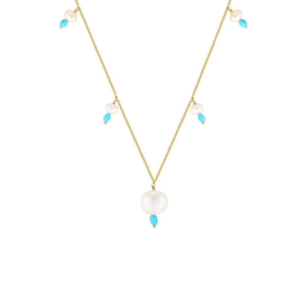 Turquesa Gold Filled Necklace with Pearl and Turquoise Drops Gold 1 - Bowerbird Jewels - Online Jewellery Store