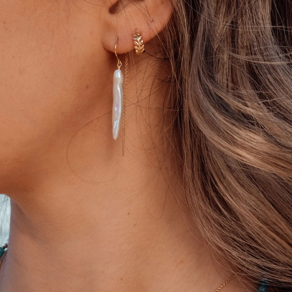 Vine Huggie Hoop Earrings Gold 1 on model- Australian Jewellery Brand Bowerbird Jewels