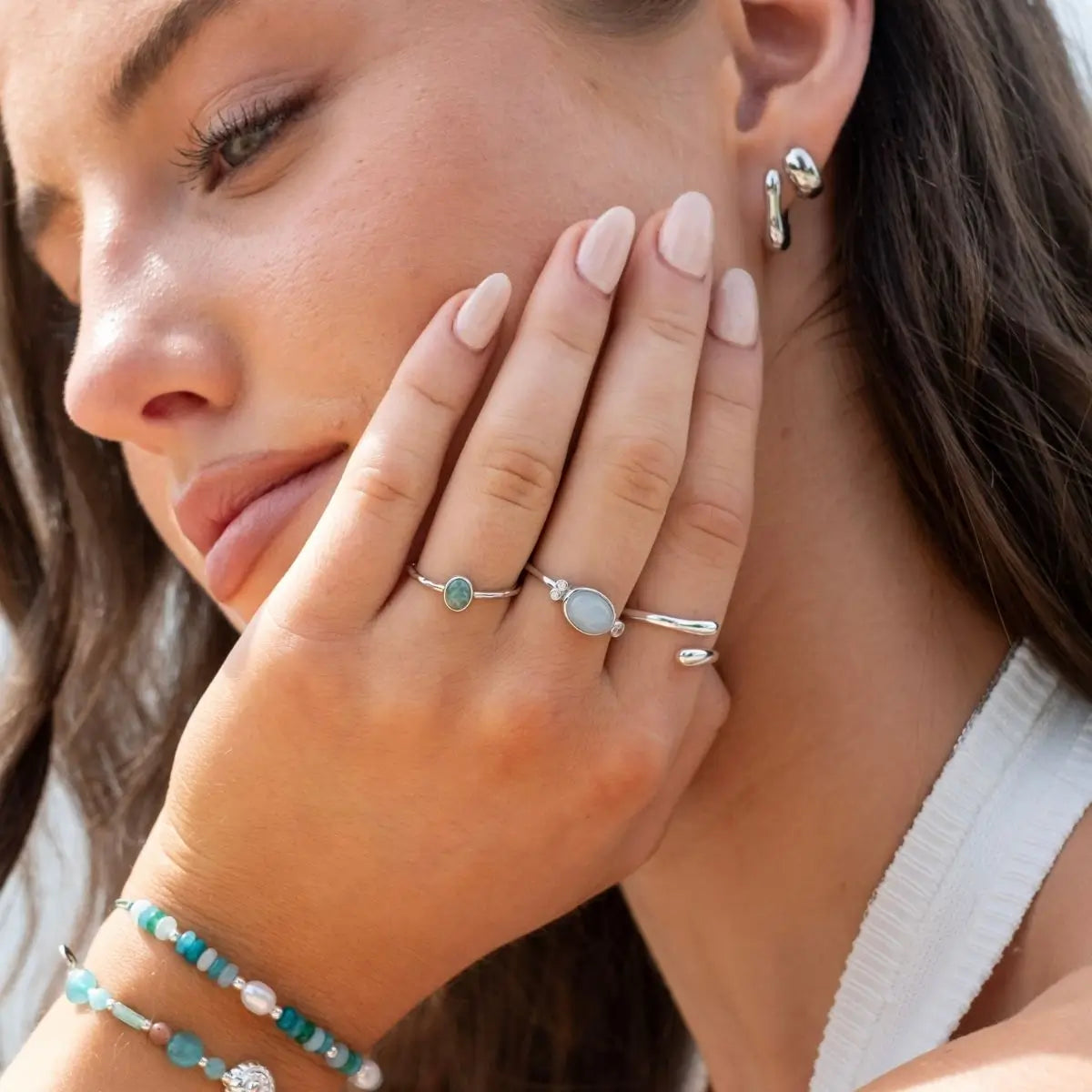 Wide Curved Polished Petite Huggies in Sterling Silver or Gold Silver 2 on model- Australian Jewellery Brand Bowerbird Jewels
