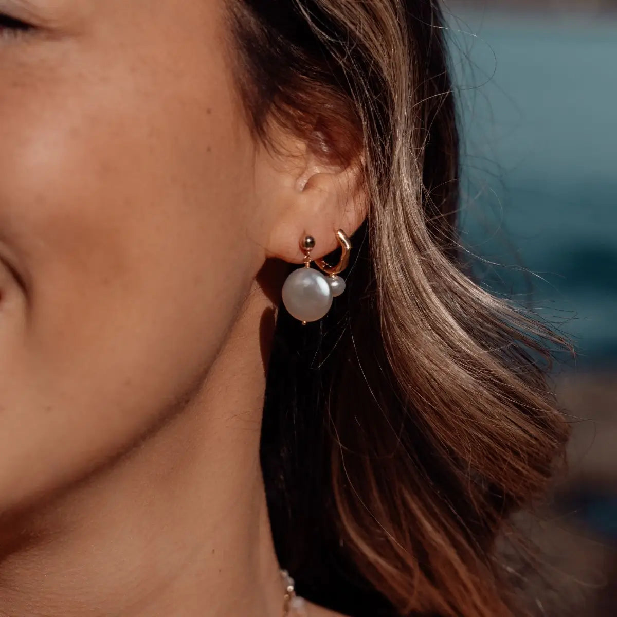 Zig Zag Pearl Drop Huggie Hoop Earrings Gold 1 - on model- Australian Jewellery Brand Bowerbird Jewels
