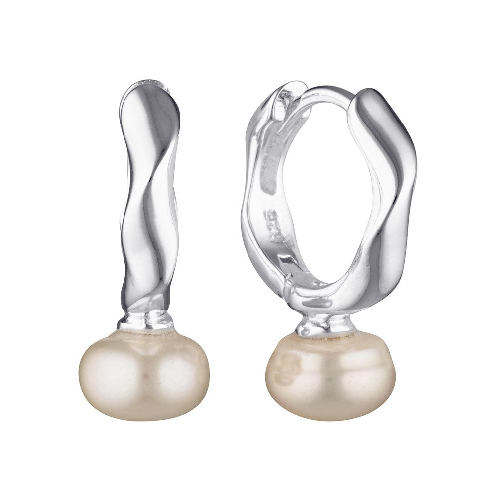 Zig Zag Pearl Drop Huggie Hoop Earrings Silver 1 - Bowerbird Jewels - Online Jewellery Store