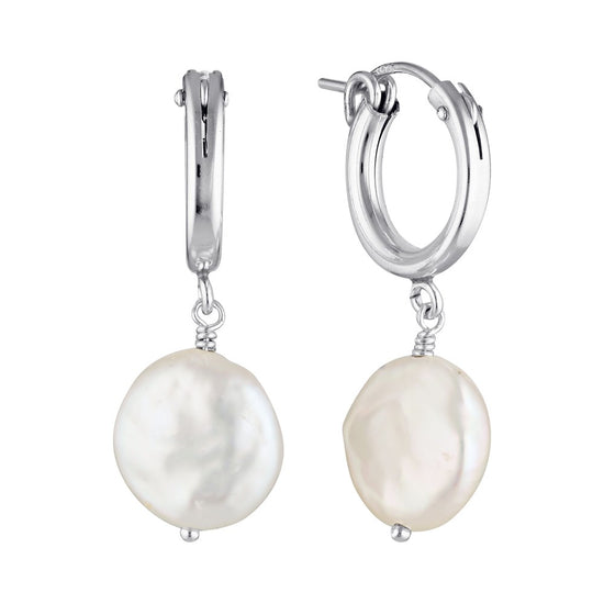 Coin Pearl Hoop Earrings Silver 1 - Bowerbird Jewels - Online Jewellery Stores