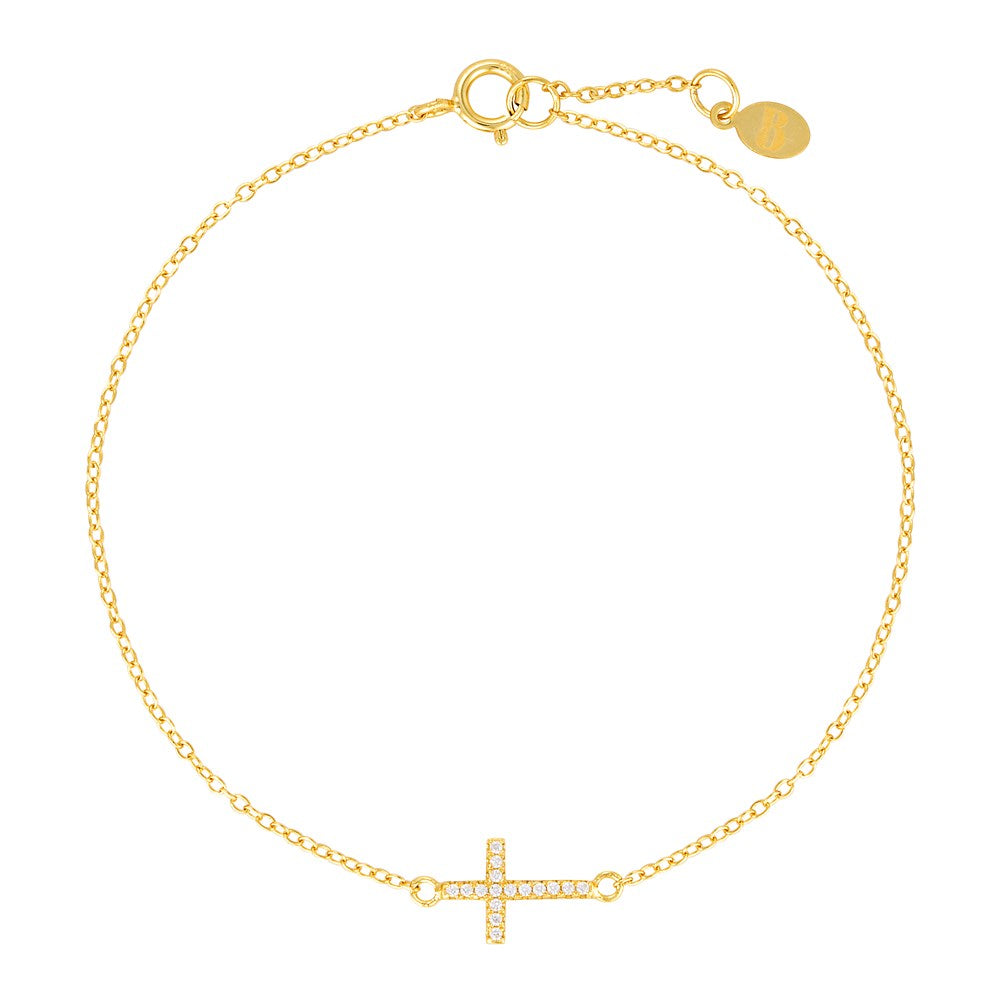 Dainty Yellow Gold Cubic Zirconia Cross Necklace and Bracelet