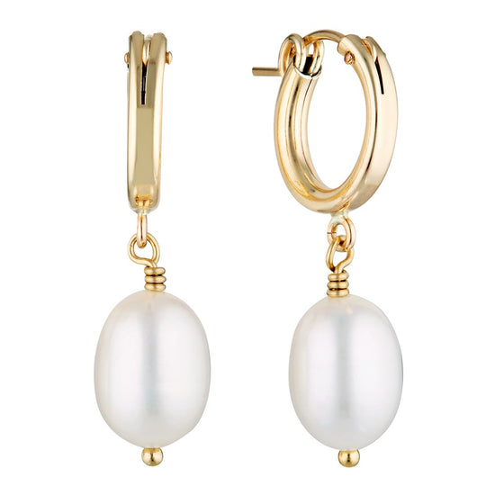 Load image into Gallery viewer, Rice Pearl Drop Hoop Earrings Gold - Bowerbird Jewels - Online Jewellery Stores
