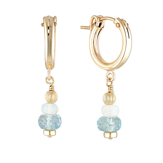  Gold Lagom Aquamarine and Opal Drop Hoop Earrings - Bowerbird Jewels - Online Jewellery Stores