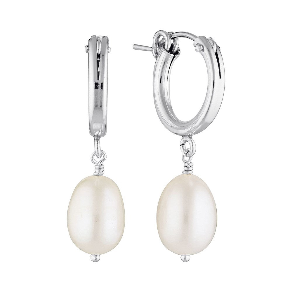 Rice Pearl Drop Hoop Earrings Silver 1 - Bowerbird Jewels - Online Jewellery Store